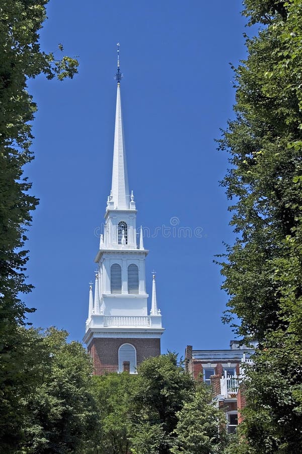 The steeple of the Old North Church, where lanterns warned Paul Revere of the British invasion. The steeple of the Old North Church, where lanterns warned Paul Revere of the British invasion