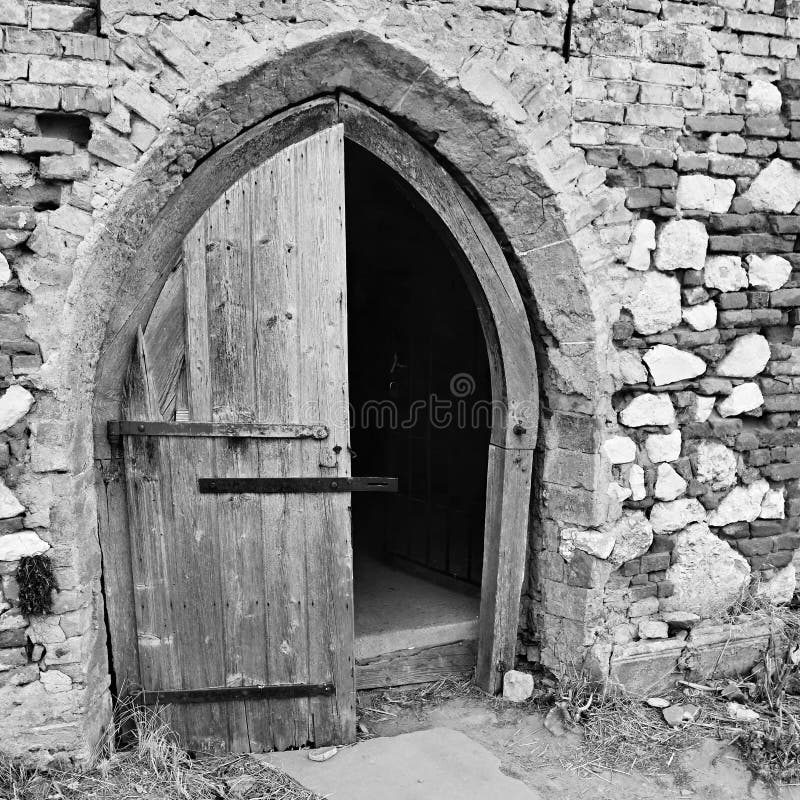 Open Old Church Door with Stone Arches and Columns Stock Photo - Image ...