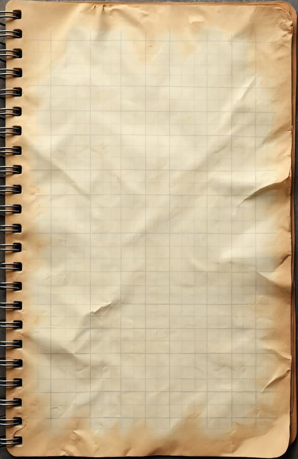 Old open notebook with graph paper pages and spiral binding. Aged paper texture shows stains and wrinkles. Blank squared stock illustration