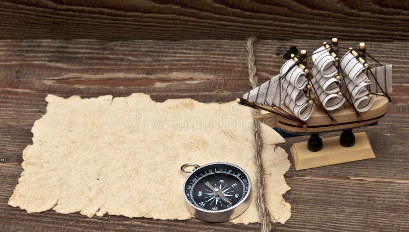 Old paper, compass, rope and model classic boat