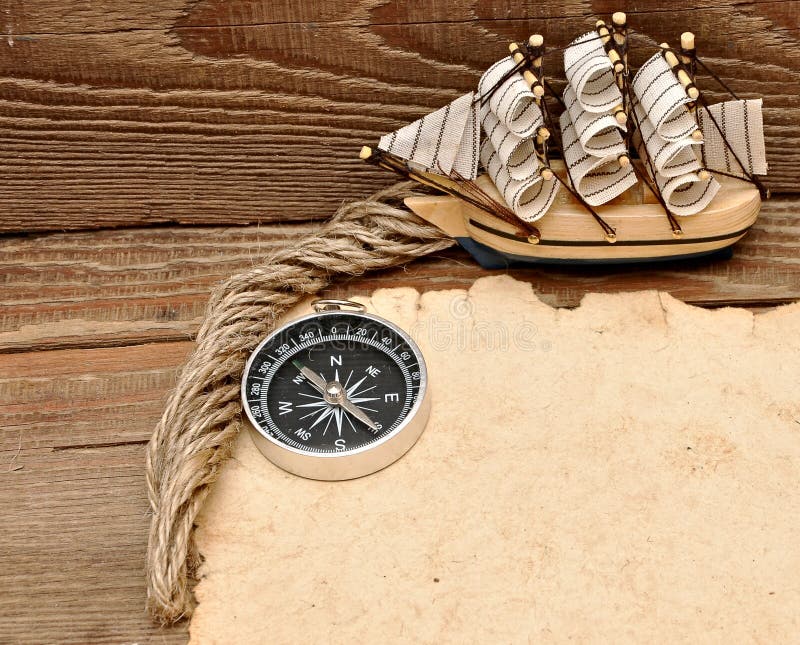 Old paper, compass, rope and model classic boat