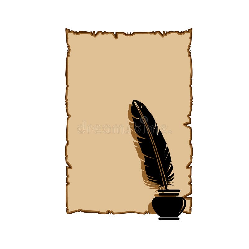 Old paper and feather in the inkwell. Illustration, isolated on white background stock illustration Old paper and feather in the inkwell. Illustration, isolated on white background stock illustration