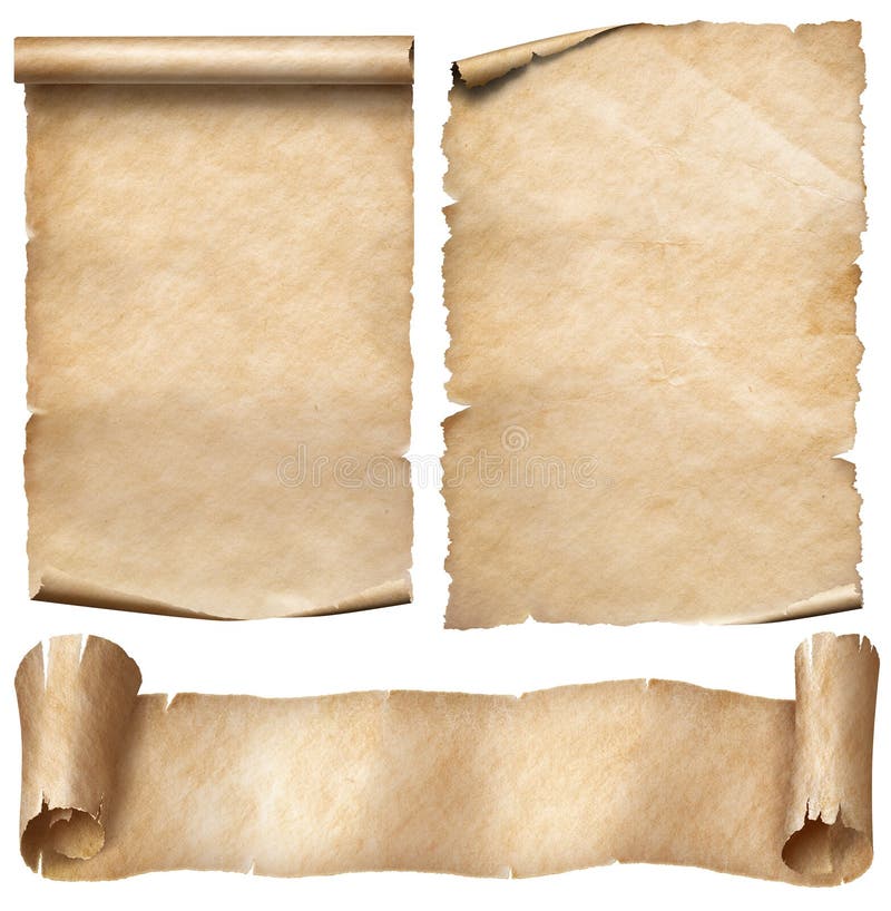 Old paper or parchment scrolls set isolated on white stock photos