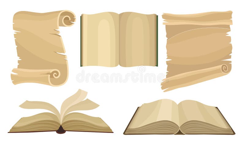 Old Paper Scrolls and Books, Ancient Parchment, Manuscript, Science and Knowledge Symbols Vector Illustration. On White Background royalty free illustration Old Paper Scrolls and Books, Ancient Parchment, Manuscript, Science and Knowledge Symbols Vector Illustration. On White Background royalty free illustration