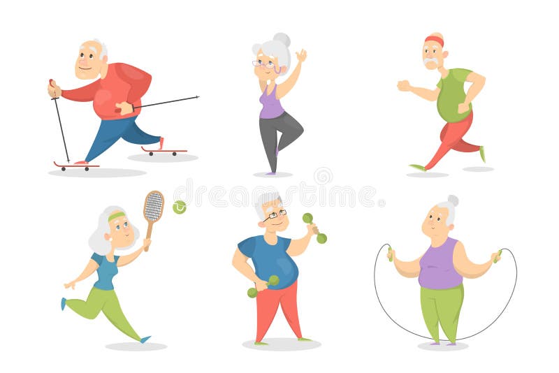 Old people doing sport set. vector illustration