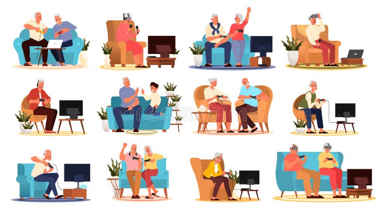 Old people playing video games set. Seniors adults playing video games with console controller and VR device. Elderly character have a modern lifestyle. Isolated vector illustration in cartoon style