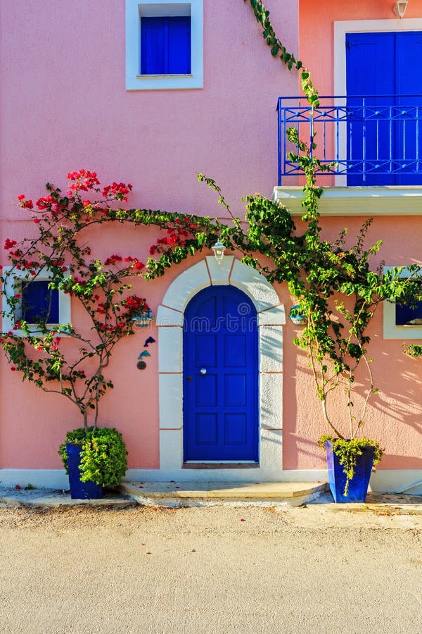 Old Pictorial Greek Door with Flowers in Assos, Kefalonia, Ionian ...