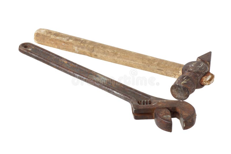 Old Pipe Wrench and a Hammer. Stock Image Image of improvement