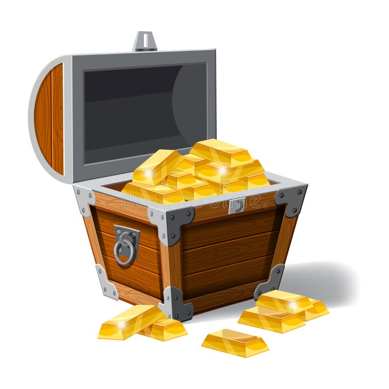Old Pirate Chest Full of Gold Bars, Vector, Cartoon Style, Illustration