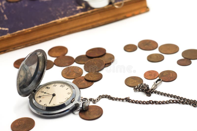 Old Pocket Watch Closeup Background Blurred Coins Stock Photos Free