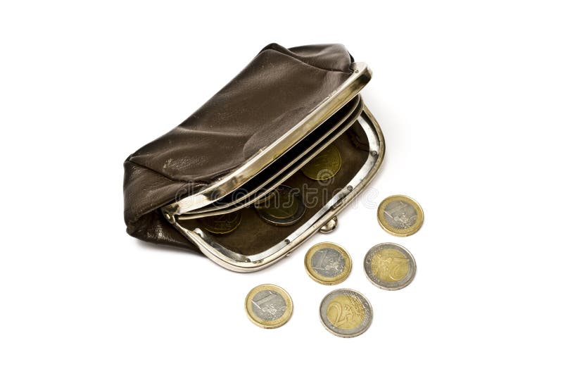 Old purse and euro coins