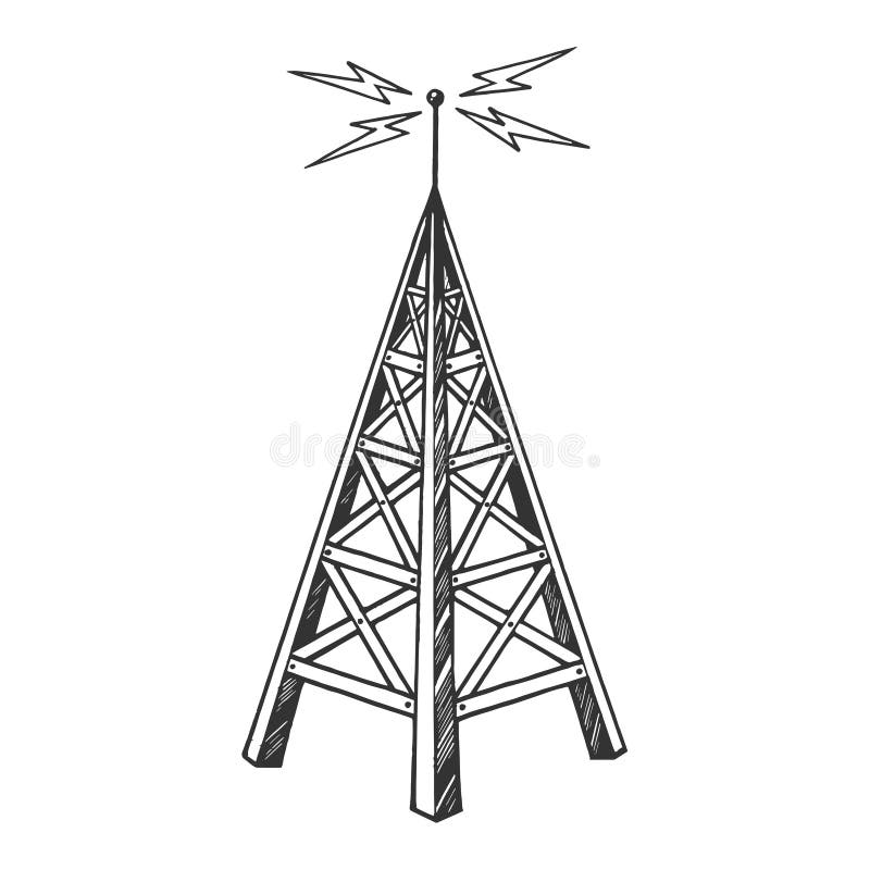 Old vintage radio tower broadcast transmitter sketch engraving vector illustration. Scratch board style imitation. Black and white hand drawn image. Old vintage radio tower broadcast transmitter sketch engraving vector illustration. Scratch board style imitation. Black and white hand drawn image.