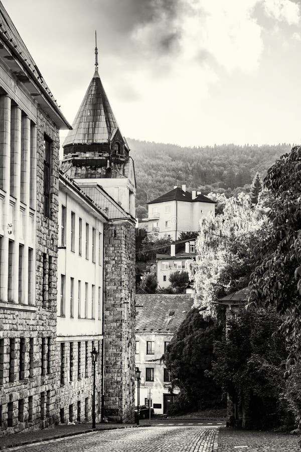 Old real school in mining town Banska Stiavnica, colorless