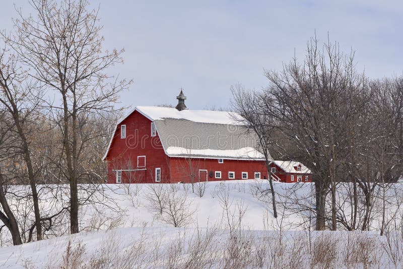Old red barn in the winter