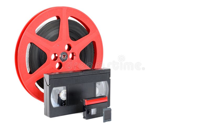 Old reel of film, video tape and memory card royalty free stock photos Old reel of film, video tape and memory card royalty free stock photos