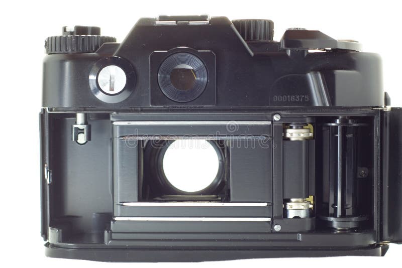 Old reflex camera with open shutter