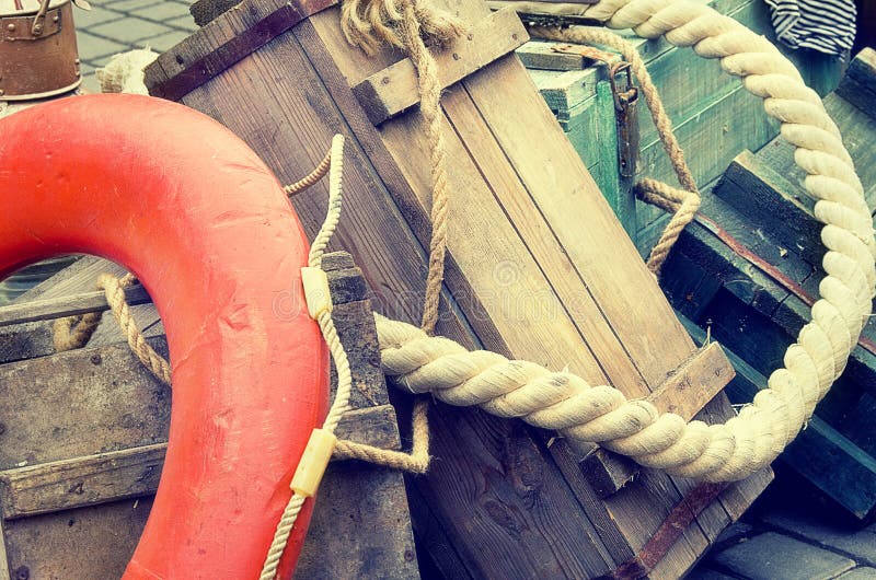 Old retro objects antique textural background wooden crates and ropes, vintage image retro style effect royalty free stock image