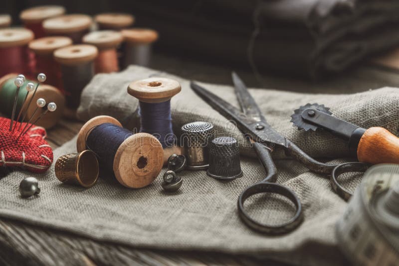 Old Retro Tailoring Scissors, Measuring Tape, Thimble, Wooden Spools of ...