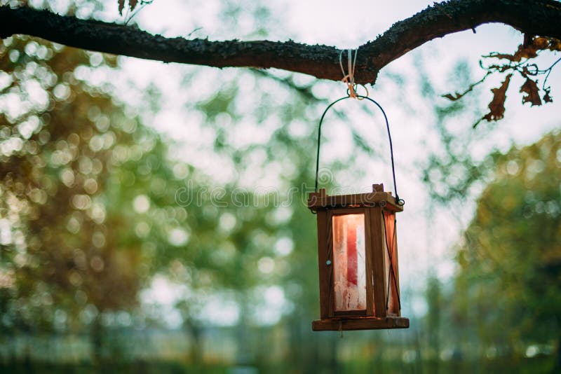 Old Retro Vintage Lantern With Burning Candle Hanging On Branch