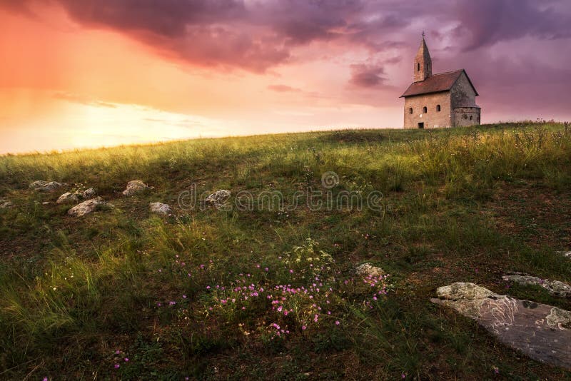 Old Roman Church at Sunset in Drazovce, Slovakia