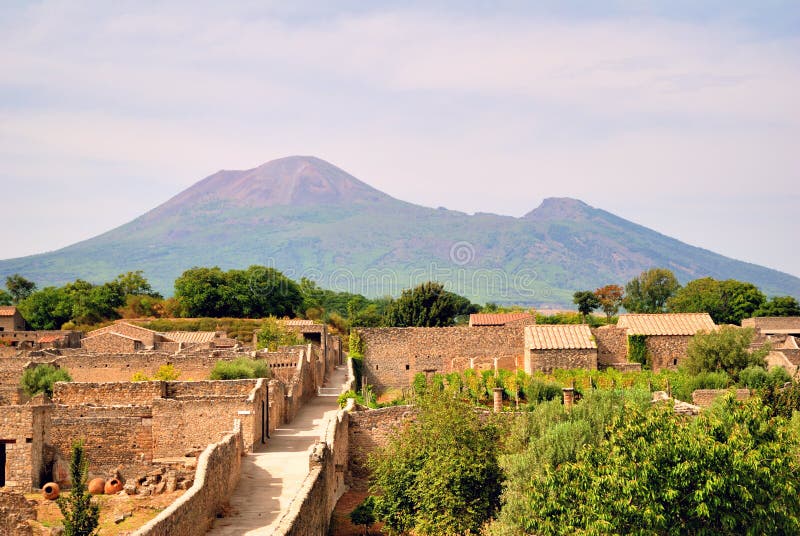 Old Roman Pompei ruins with mount Vesuvio