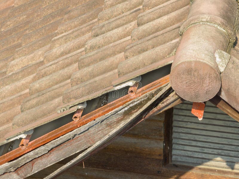 The old roof are decay and broken eaves stock photo
