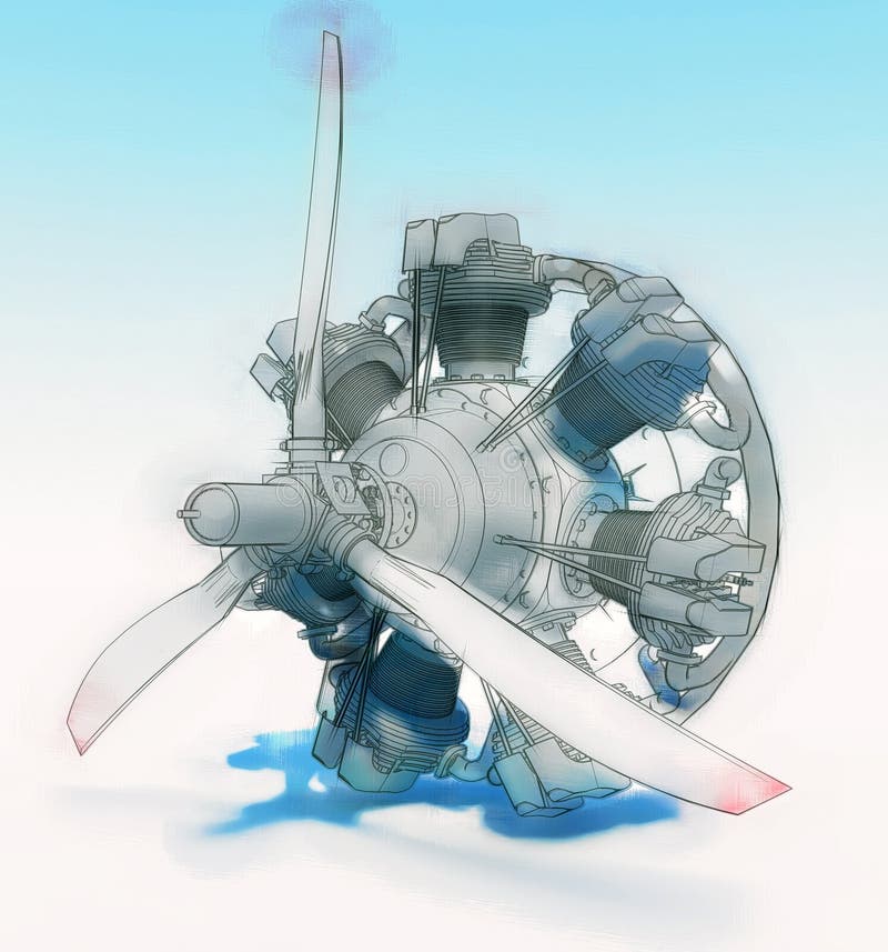 Old Rotary Circular Aircraft Engine with Propeller. the Illustration is