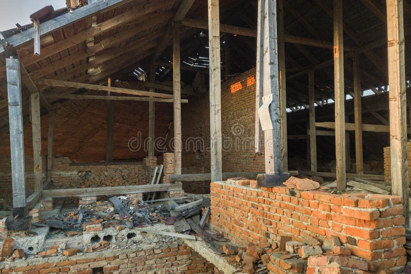 Old Ruined Building after Earthquake. a Collapsed Brick House Stock