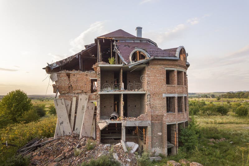 Old Ruined Building after Earthquake. a Collapsed Brick House Stock