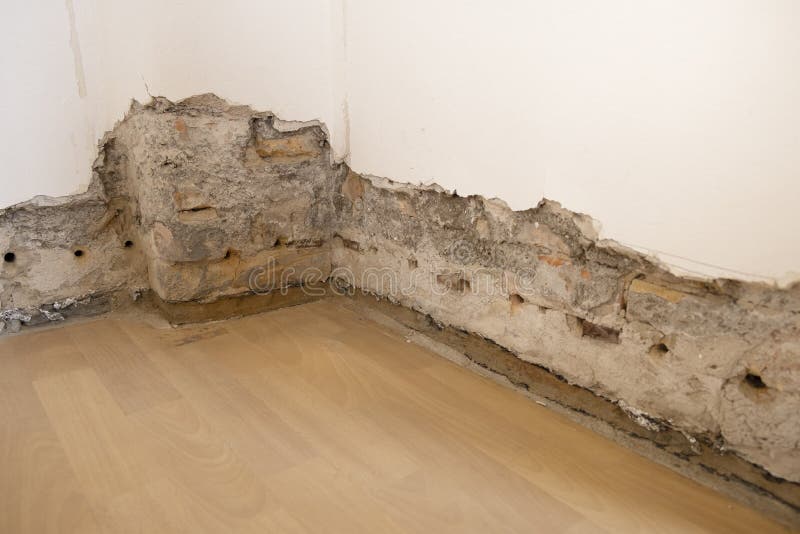 Old Ruined Wall in Old Apartment with Preparation for Repair Stock