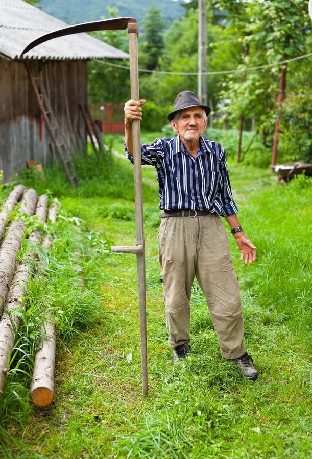 Old rural man using scythe stock photo. Image of gardener 16014426