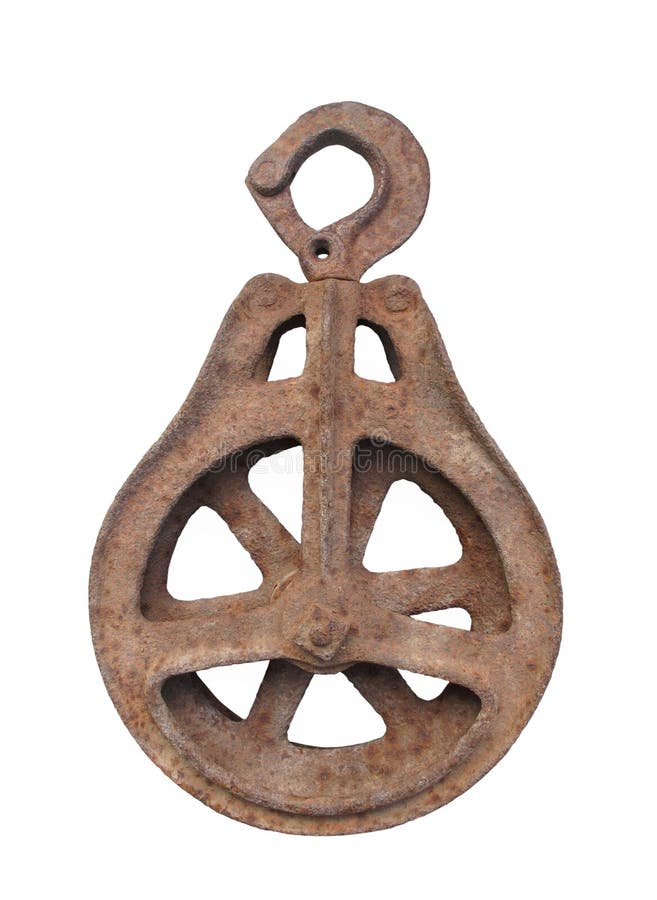 Old rusted metal pulley isolated.