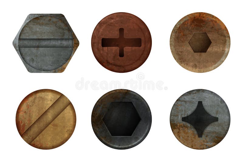 Old rusty bolts screw. Hardware rust metal texture for different iron tools. Vector realistic pictures