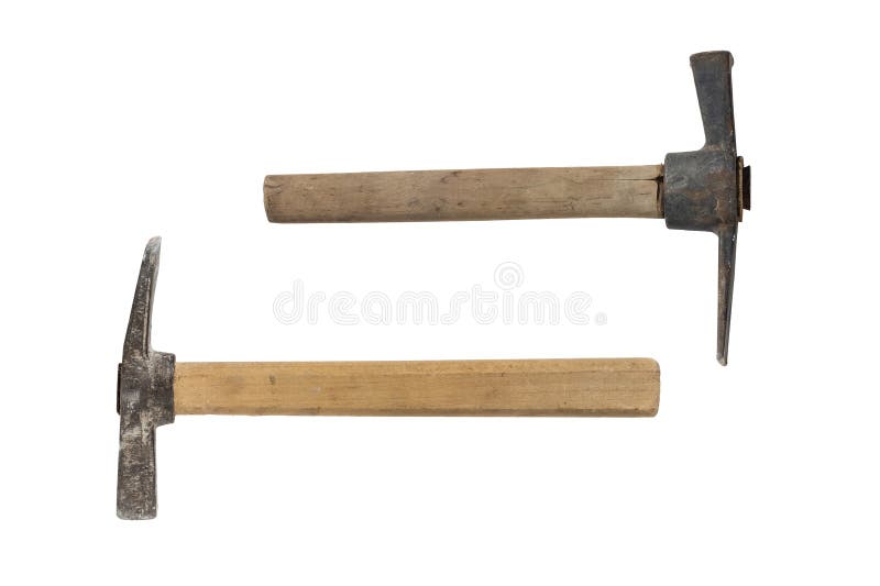 Old Rusty Bricklayer Hammers. Old Steel Hammer with Wood Handle Stock
