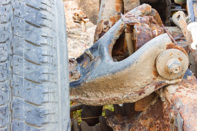 Old rusty chassis, the car with the gearbox, driveshaft, differential royalty free stock image