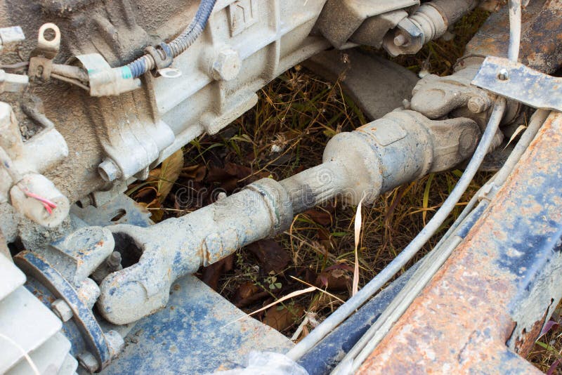 Old rusty chassis, the car with the gearbox, driveshaft, differential royalty free stock photography