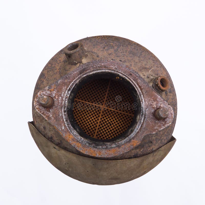 Diesel particulate filter, DPF, exterior on a white background, royalty free stock photo Diesel particulate filter, DPF, exterior on a white background, royalty free stock photo