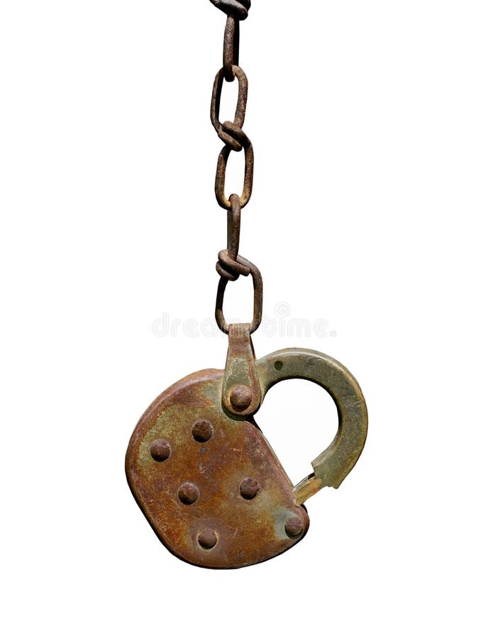 Old rusty padlock and chain isolated