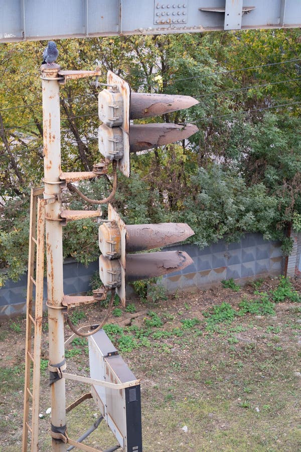 Old rusty railway semaphore, in working order stock photo