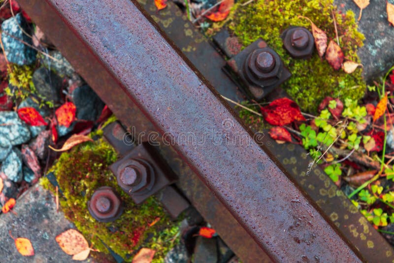 Old rusty railway track details in the autumn day