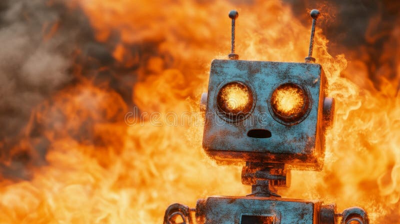 Old rusty robot burning in flames with glowing eyes stock illustration
