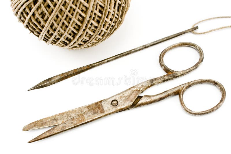 Old Rusty Scissors and Needle Sewing Tools Stock Image Image of