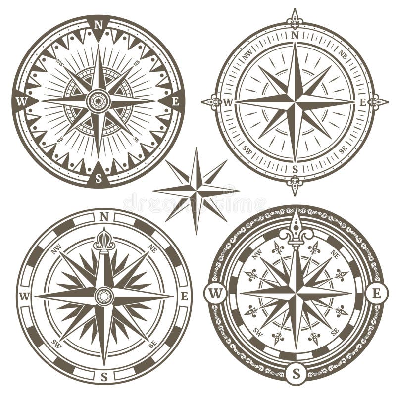 Old sailing marine navigation compass, wind rose vector icons