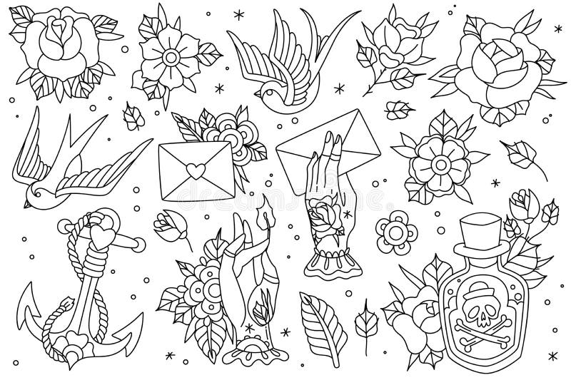 Old school traditional outlines tattoo set. Old school traditional tattoo flash outlines icons pack with swallow rose