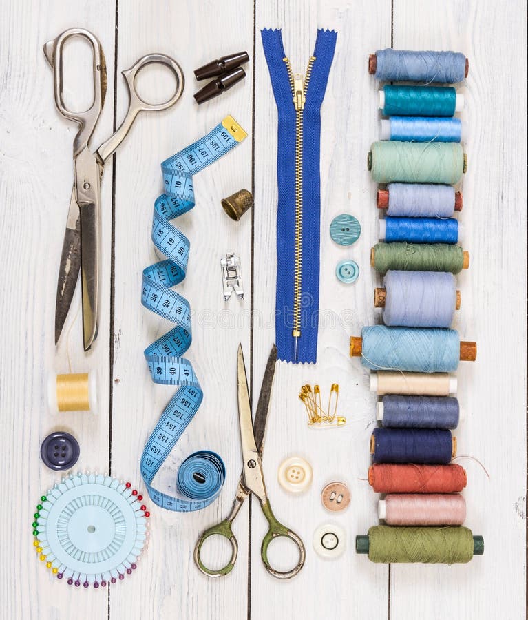 Old Scissors, Buttons, Threads, Measuring Tape and Sewing Supplies. Top ...
