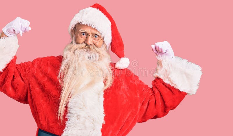 Old Senior Man with Grey Hair and Long Beard Wearing Traditional Santa