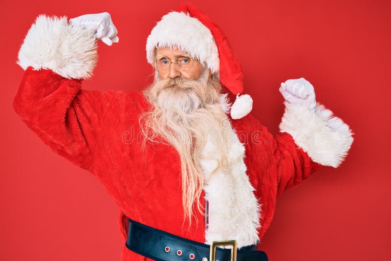 Old Senior Man with Grey Hair and Long Beard Wearing Traditional Santa