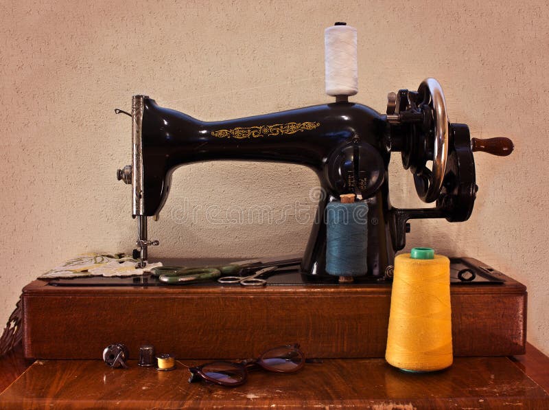 Old Sewing Machine with Scissors and Glasses. Stock Image Image of