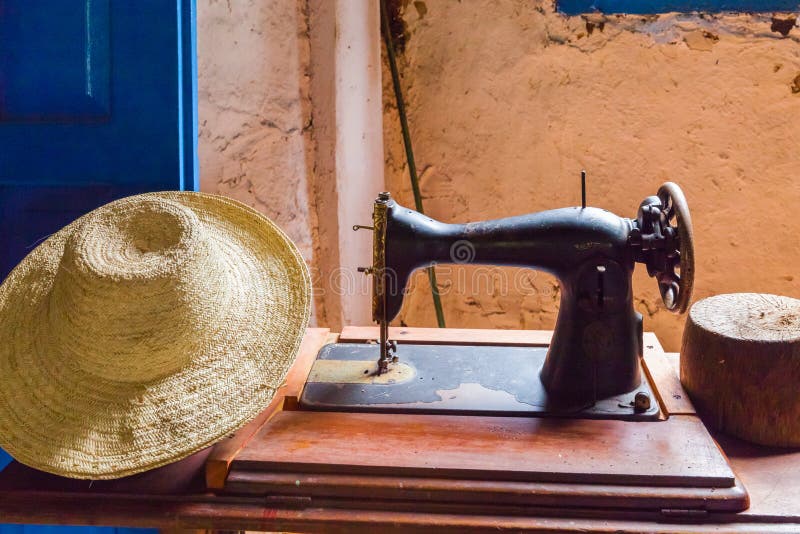 Old Sewing Machine And Straw Hat Stock Photo Image of fashion
