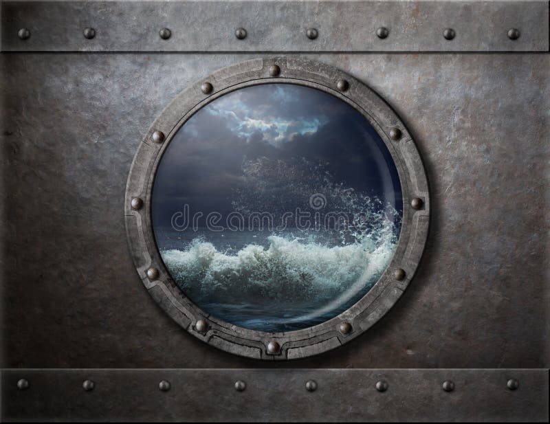 Old Ship Metal Porthole Or Window With Sea Storm Stock Image Image of